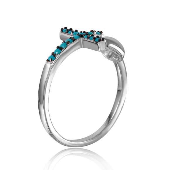 Sterling Silver 925 Cross and Synthetic Turquoise CZ Heart Ring - Picture 2 of 3
